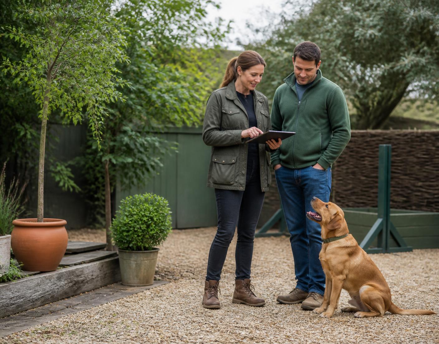 A dog trainer and client reviewing an organised training plan with their dog